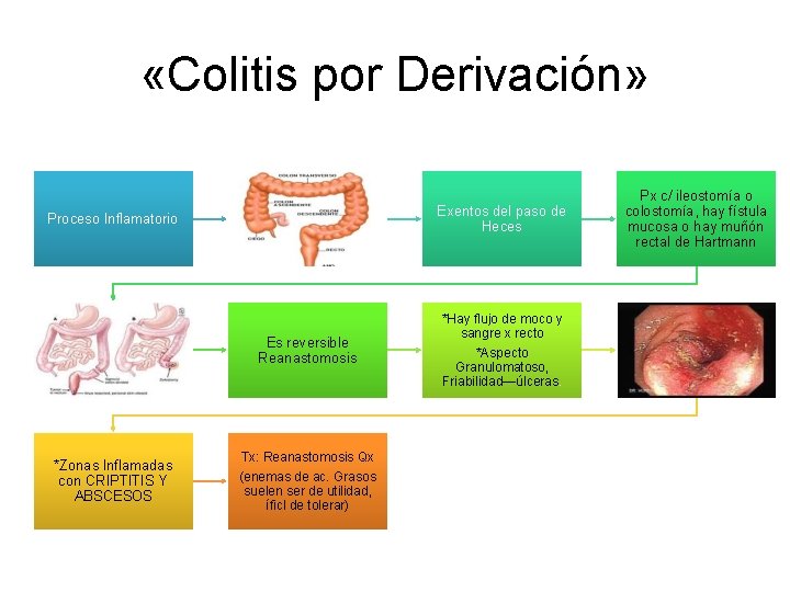 «Colitis por Derivación» Exentos del paso de Heces Proceso Inflamatorio Es reversible Reanastomosis «Colitis por Derivación» Exentos del paso de Heces Proceso Inflamatorio Es reversible Reanastomosis