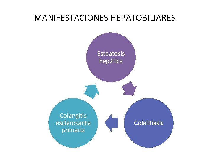 MANIFESTACIONES HEPATOBILIARES Esteatosis hepática Colangitis esclerosante primaria Colelitiasis MANIFESTACIONES HEPATOBILIARES Esteatosis hepática Colangitis esclerosante primaria Colelitiasis