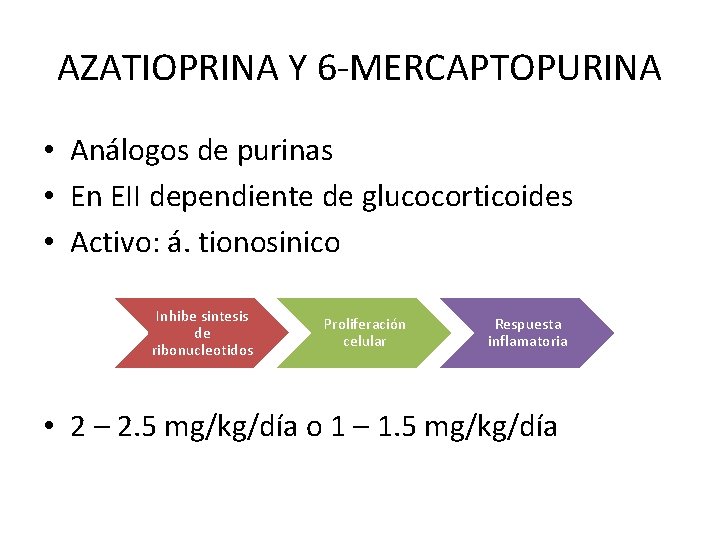 AZATIOPRINA Y 6 -MERCAPTOPURINA • Análogos de purinas • En EII dependiente de glucocorticoides AZATIOPRINA Y 6 -MERCAPTOPURINA • Análogos de purinas • En EII dependiente de glucocorticoides