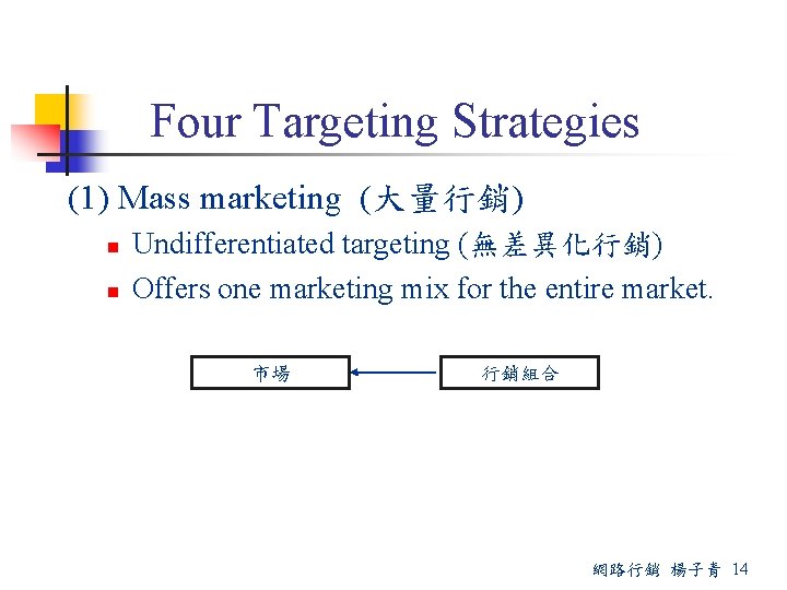 Four Targeting Strategies (1) Mass marketing (大量行銷) n n Undifferentiated targeting (無差異化行銷) Offers one