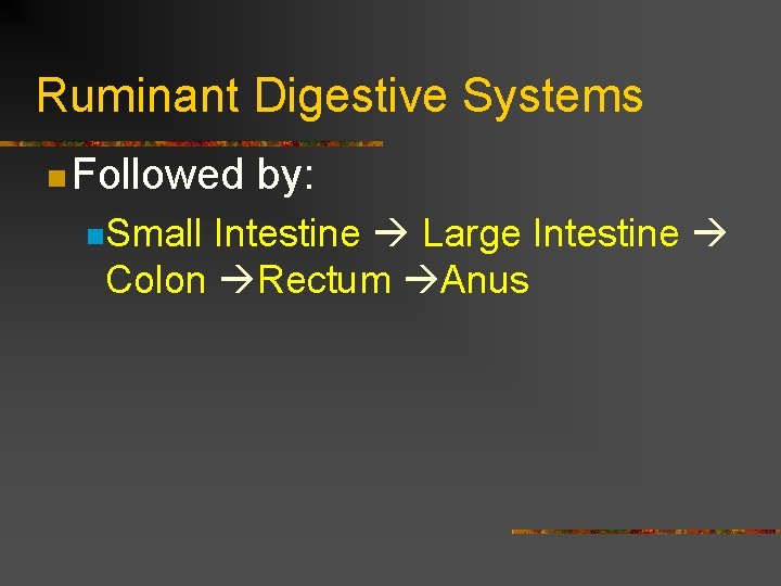 Ruminant Digestive Systems n Followed n. Small by: Intestine Large Intestine Colon Rectum Anus