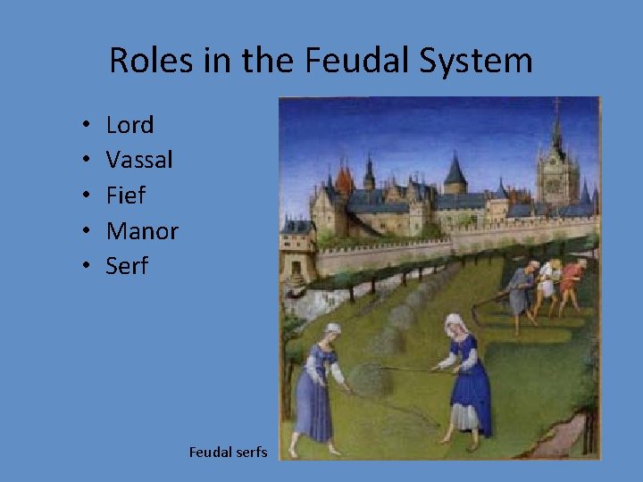 Roles in the Feudal System • • • Lord Vassal Fief Manor Serf Feudal