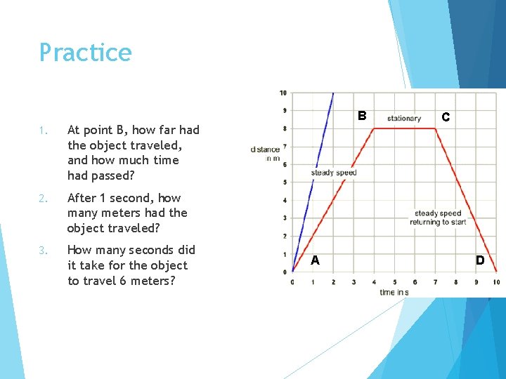 Practice 1. At point B, how far had the object traveled, and how much