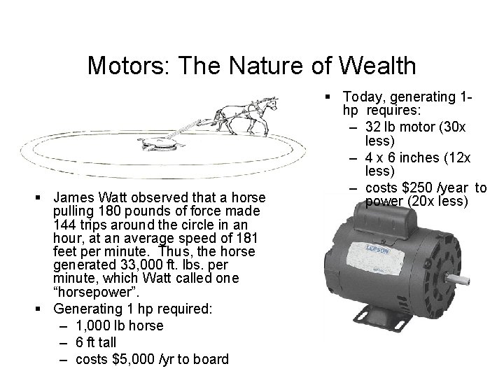Motors: The Nature of Wealth § James Watt observed that a horse pulling 180