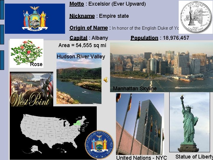 Motto : Excelsior (Ever Upward) Nickname : Empire state Origin of Name : In