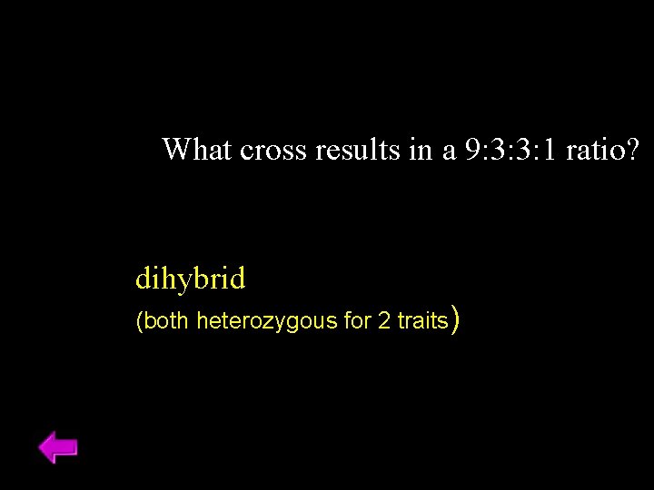 What cross results in a 9: 3: 3: 1 ratio? dihybrid (both heterozygous for What cross results in a 9: 3: 3: 1 ratio? dihybrid (both heterozygous for
