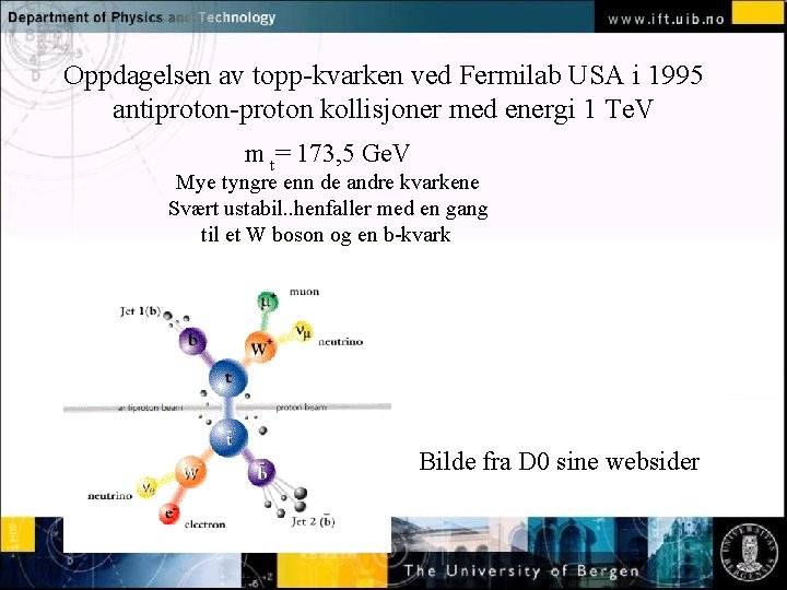 Oppdagelsen av topp-kvarken ved Fermilab USA i 1995 antiproton-proton kollisjoner med energi 1 Te.