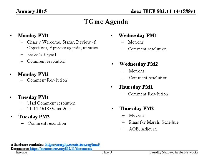 January 2015 doc. : IEEE 802. 11 -14/1588 r 1 TGmc Agenda • Monday