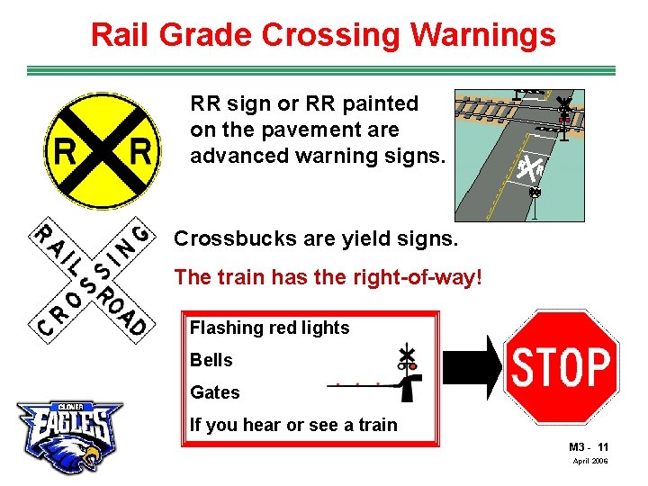 Rail Grade Crossing Warnings RR sign or RR painted on the pavement are advanced