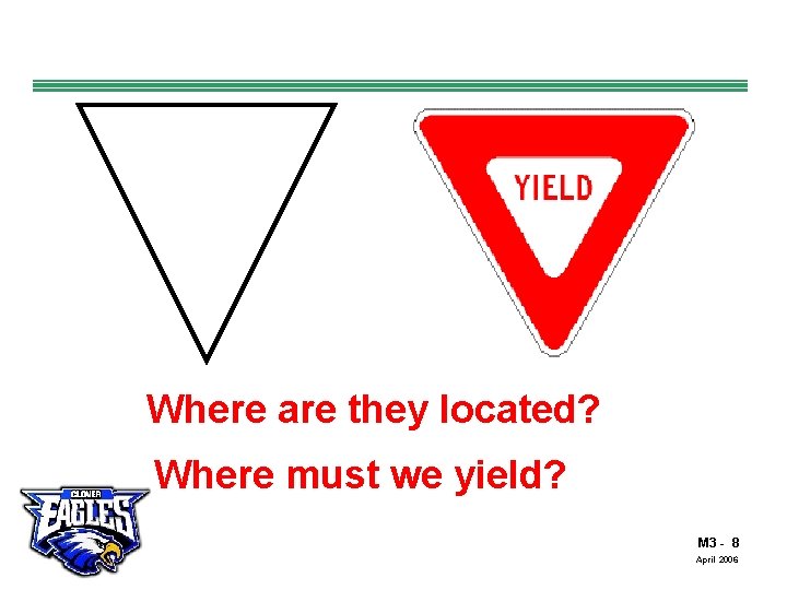 Where are they located? The Road to Skilled Driving Where must we yield? M