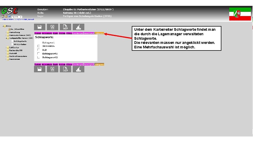 Unter dem Karteireiter Schlagworte findet man die durch die Lagemanager verwalteten Schlagworte. Die relevanten