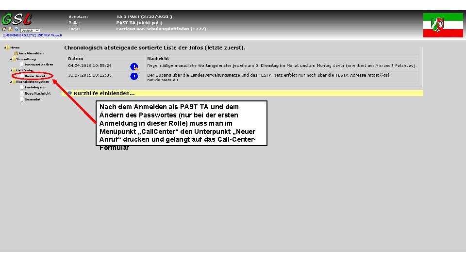 Nach dem Anmelden als PAST TA und dem Ändern des Passwortes (nur bei der