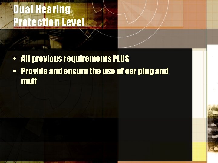 Dual Hearing Protection Level • All previous requirements PLUS • Provide and ensure the