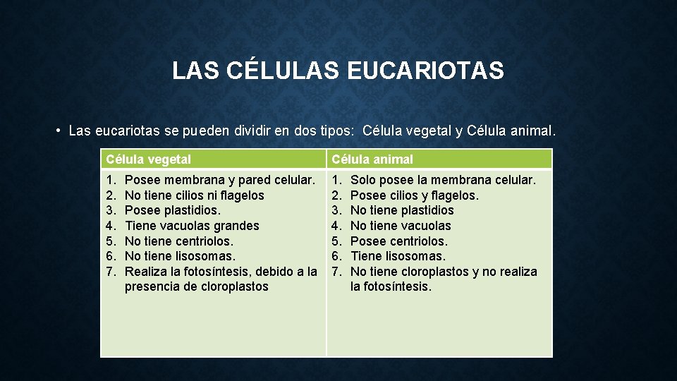 LAS CÉLULAS EUCARIOTAS • Las eucariotas se pueden dividir en dos tipos: Célula vegetal