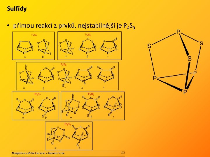 Sulfidy • přímou reakcí z prvků, nejstabilnější je P 4 S 3 