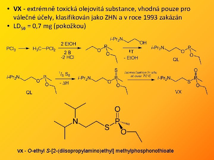  • VX - extrémně toxická olejovitá substance, vhodná pouze pro válečné účely, klasifikován