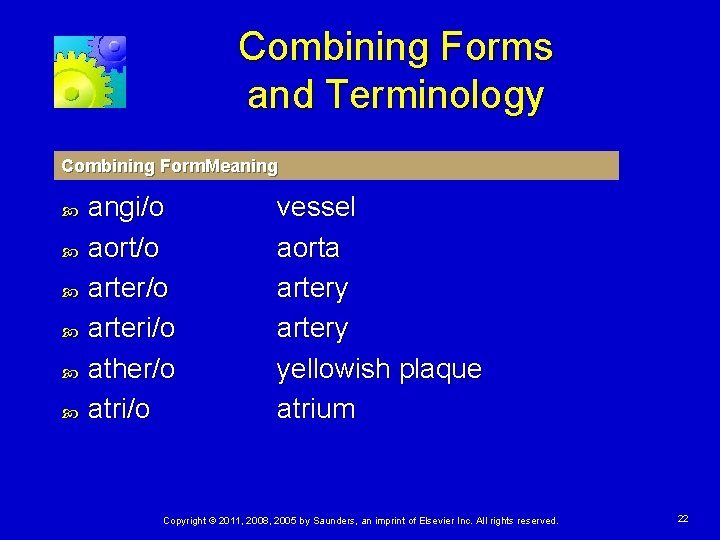 Combining Forms and Terminology Combining Form. Meaning angi/o aort/o arteri/o ather/o atri/o vessel aorta