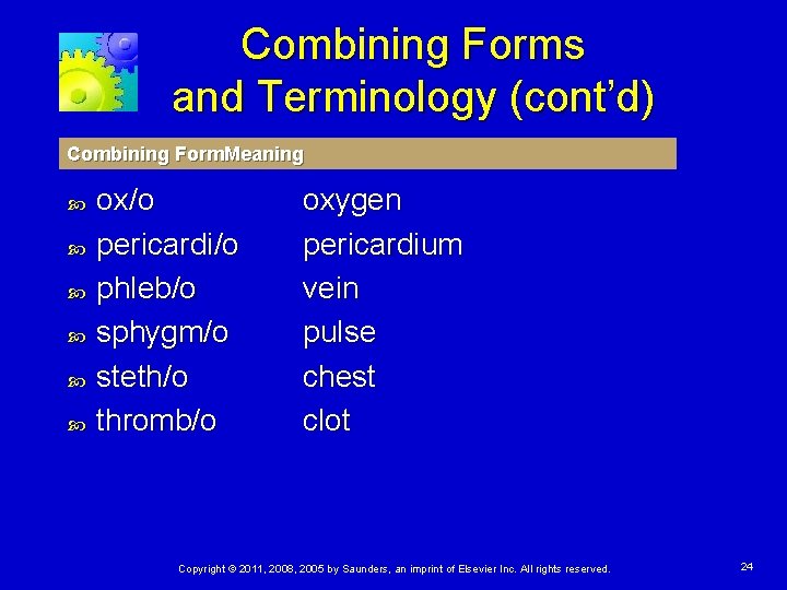Combining Forms and Terminology (cont’d) Combining Form. Meaning ox/o pericardi/o phleb/o sphygm/o steth/o thromb/o