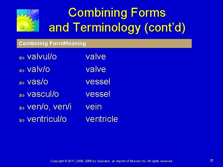 Combining Forms and Terminology (cont’d) Combining Form. Meaning valvul/o valv/o vascul/o ven/o, ven/i ventricul/o