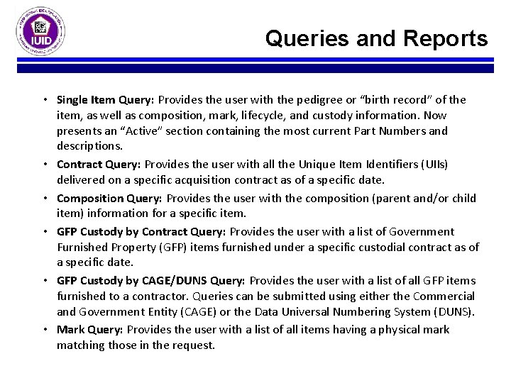 Queries and Reports • Single Item Query: Provides the user with the pedigree or Queries and Reports • Single Item Query: Provides the user with the pedigree or