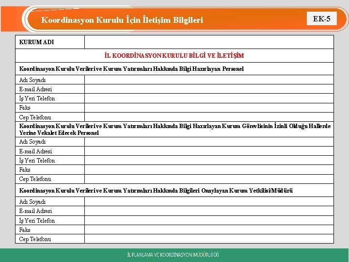 Koordinasyon Kurulu İçin İletişim Bilgileri EK-5 KURUM ADI İL KOORDİNASYON KURULU BİLGİ VE İLETİŞİM