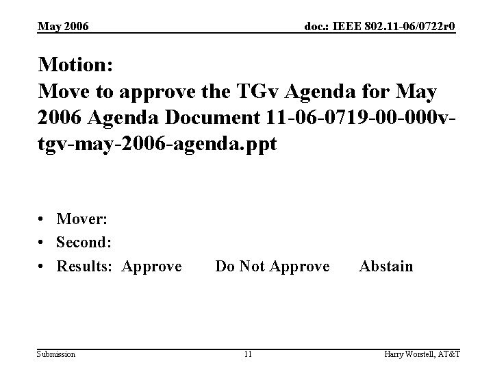 May 2006 doc. : IEEE 802. 11 -06/0722 r 0 Motion: Move to approve