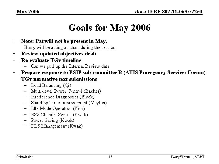 May 2006 doc. : IEEE 802. 11 -06/0722 r 0 Goals for May 2006