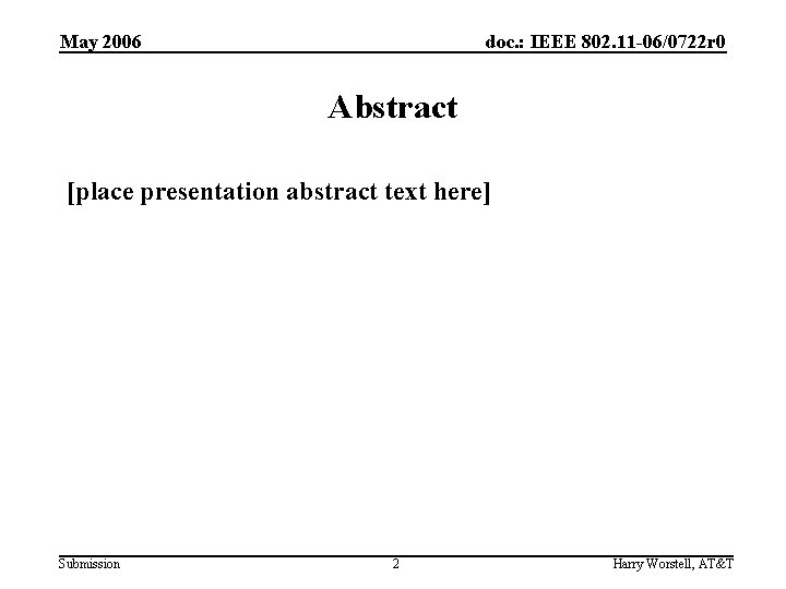 May 2006 doc. : IEEE 802. 11 -06/0722 r 0 Abstract [place presentation abstract