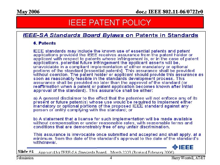 May 2006 doc. : IEEE 802. 11 -06/0722 r 0 IEEE PATENT POLICY Submission