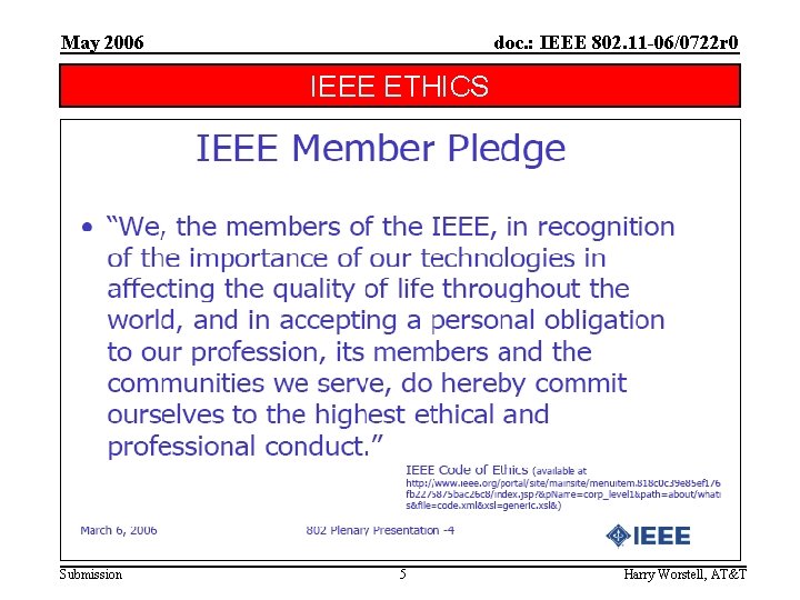May 2006 doc. : IEEE 802. 11 -06/0722 r 0 IEEE ETHICS Submission 5