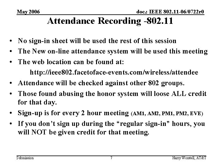 May 2006 doc. : IEEE 802. 11 -06/0722 r 0 Attendance Recording -802. 11