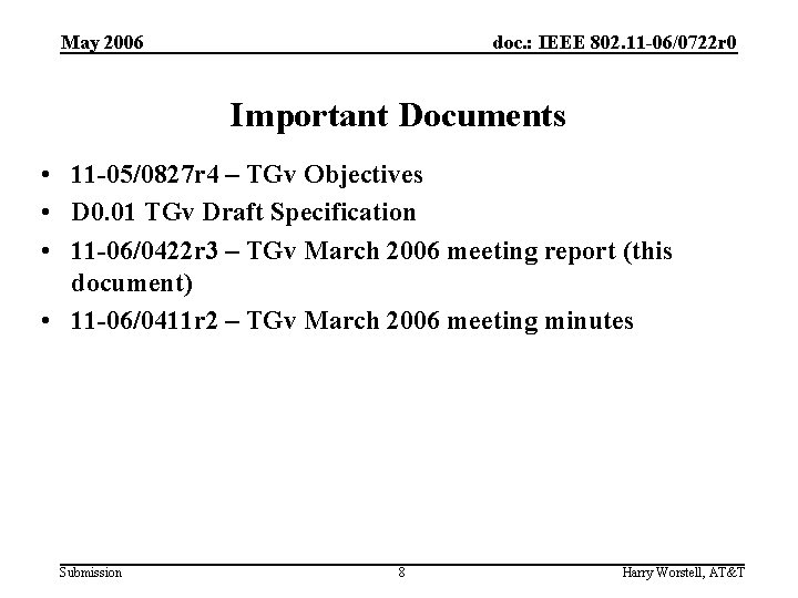 May 2006 doc. : IEEE 802. 11 -06/0722 r 0 Important Documents • 11