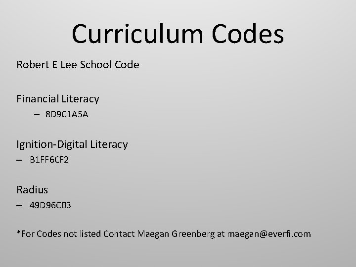 Curriculum Codes Robert E Lee School Code Financial Literacy – 8 D 9 C