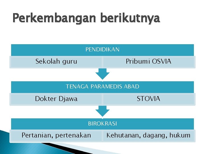 Perkembangan berikutnya PENDIDIKAN Sekolah guru Pribumi OSVIA TENAGA PARAMEDIS ABAD Dokter Djawa STOVIA BIROKRASI