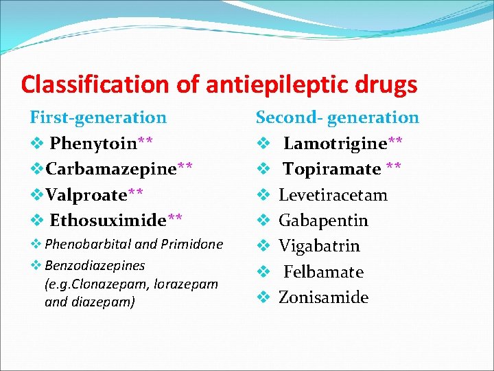 Classification of antiepileptic drugs First-generation v Phenytoin** v. Carbamazepine** v. Valproate** v Ethosuximide** v