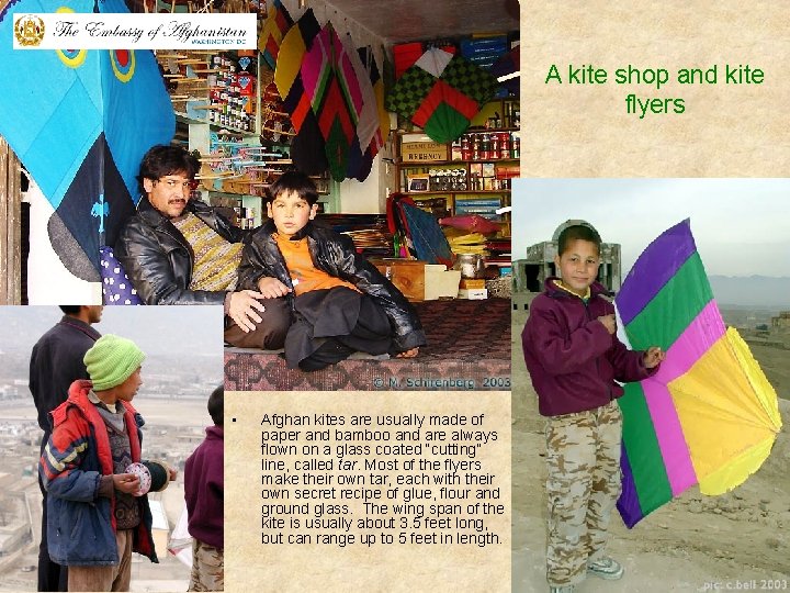 A kite shop and kite flyers • Afghan kites are usually made of paper