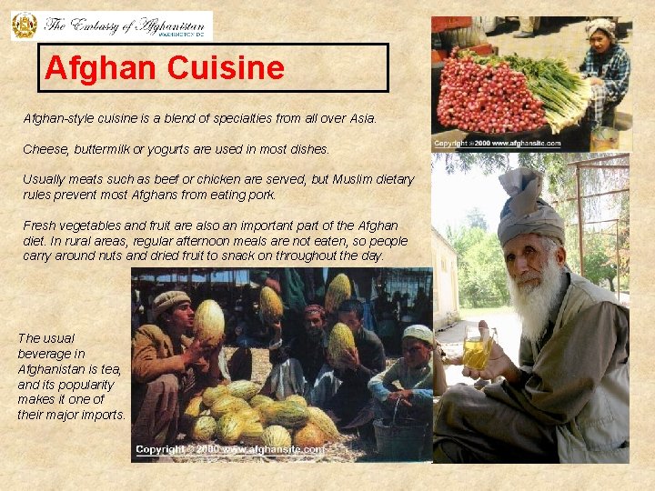 Afghan Cuisine Afghan-style cuisine is a blend of specialties from all over Asia. Cheese,
