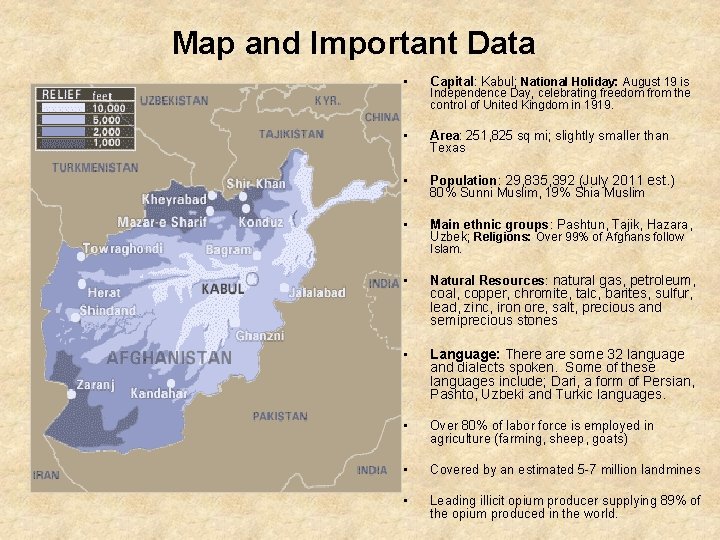Map and Important Data • Capital: Kabul; National Holiday: August 19 is • Area: