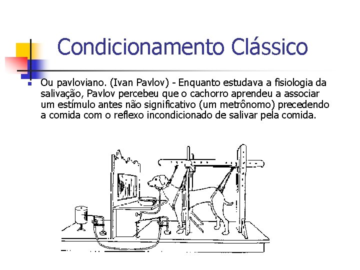 Condicionamento Clássico n Ou pavloviano. (Ivan Pavlov) - Enquanto estudava a fisiologia da salivação,