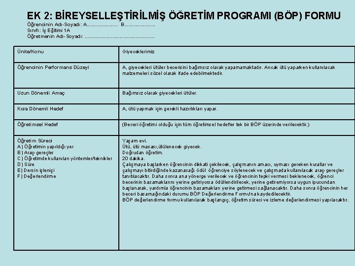 EK 2: BİREYSELLEŞTİRİLMİŞ ÖĞRETİM PROGRAMI (BÖP) FORMU Öğrencinin Adı-Soyadı: A. . . B. .