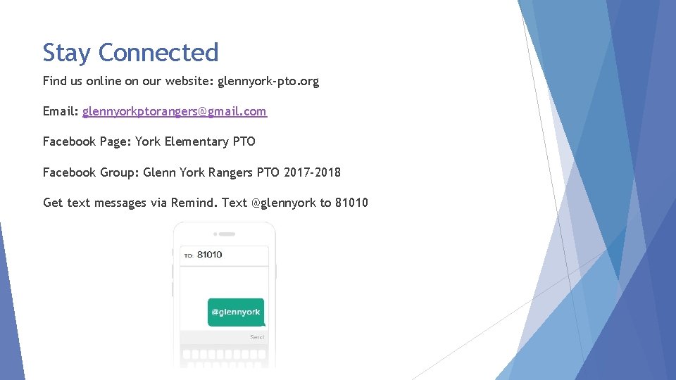 Stay Connected Find us online on our website: glennyork-pto. org Email: glennyorkptorangers@gmail. com Facebook