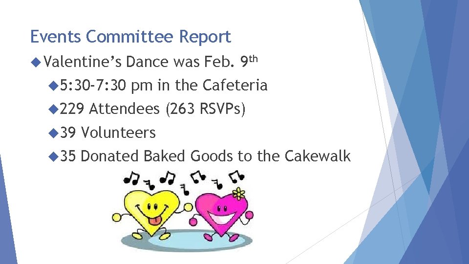 Events Committee Report Valentine’s 5: 30 -7: 30 229 Dance was Feb. 9 th