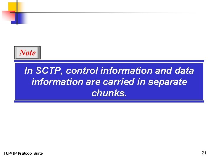 Note In SCTP, control information and data information are carried in separate chunks. TCP/IP