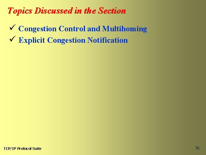 Topics Discussed in the Section ü Congestion Control and Multihoming ü Explicit Congestion Notification