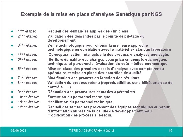 Exemple de la mise en place d’analyse Génétique par NGS l 1ère étape: 2ème