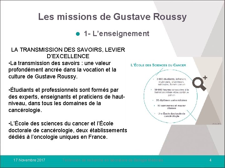 Les missions de Gustave Roussy l 1 - L’enseignement LA TRANSMISSION DES SAVOIRS, LEVIER
