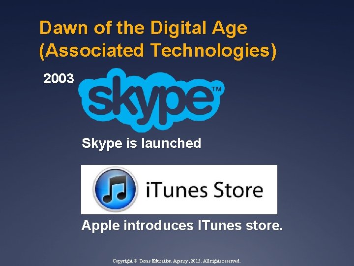 Dawn of the Digital Age (Associated Technologies) 2003 Skype is launched Apple introduces ITunes