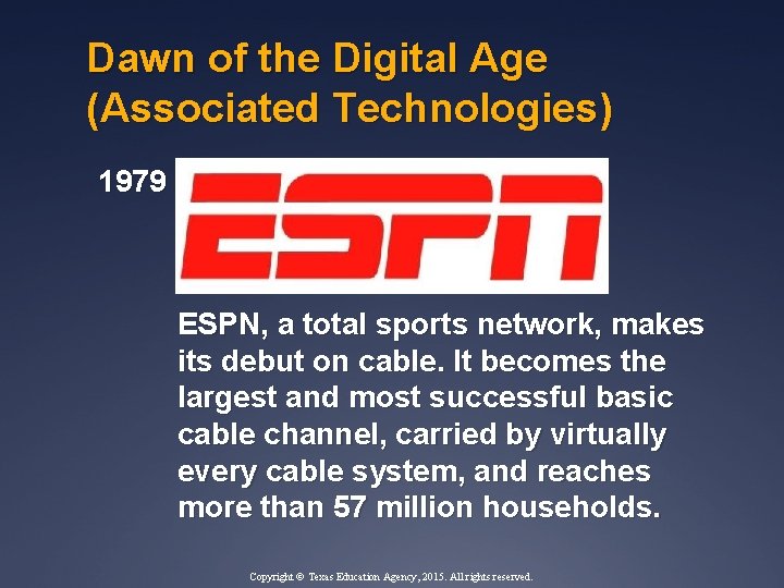 Dawn of the Digital Age (Associated Technologies) 1979 ESPN, a total sports network, makes