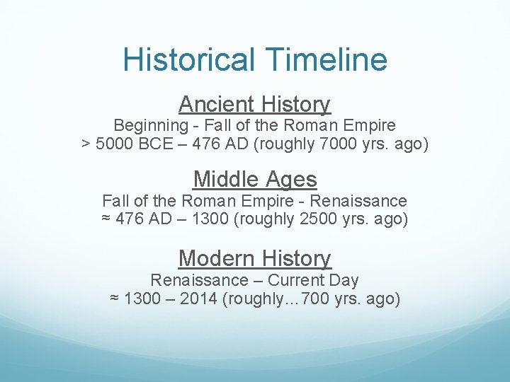 Historical Timeline Ancient History Beginning - Fall of the Roman Empire > 5000 BCE