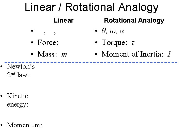 Linear / Rotational Analogy Linear • , , • Force: • Mass: m •
